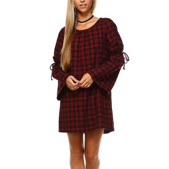 2 Hearts Plaid Flannel Bell-Sleeve Shift Dress - Picture 2 of 16